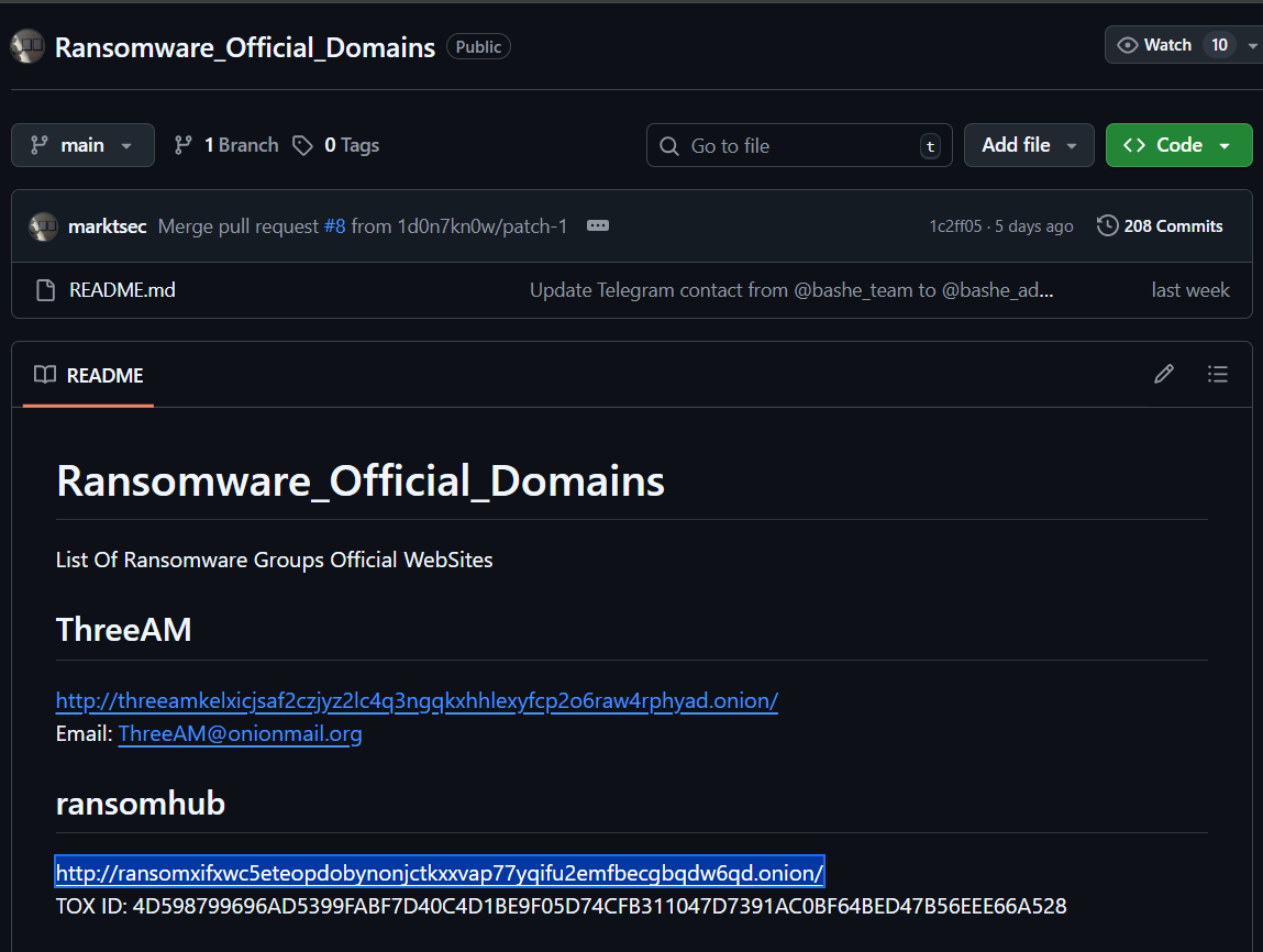 GitHub repository "Ransomware_Official_Domains" showing the RansomHub section with: DLS URL: http://ransomxifxwc5eteopdobynonjctkxxvap77yqifu2emfbecgbqdw6qd.onion/ and TOX ID: 4D598799696AD5399FABF7D40C4D1BE9F05D74CFB311047D7391AC0BF64BED47B56EEE66A528